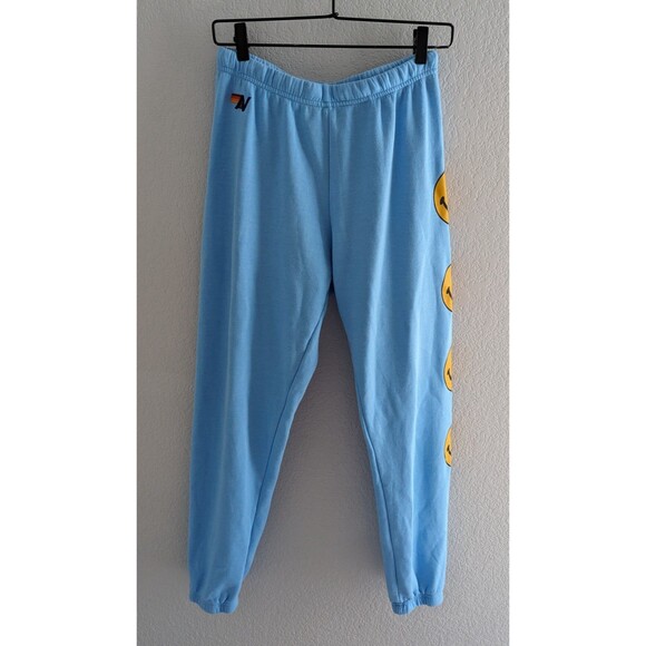Aviator Nation Smiley Sweatpants Women's Size Medium Sky Blue Drawstring Joggers - Picture 1 of 8